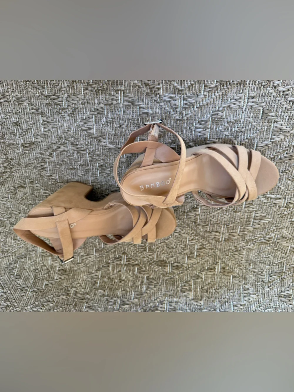 Bamboo Beige Buckle Block Sandals for Women Faux Suede Strappy (Size 6) Nude